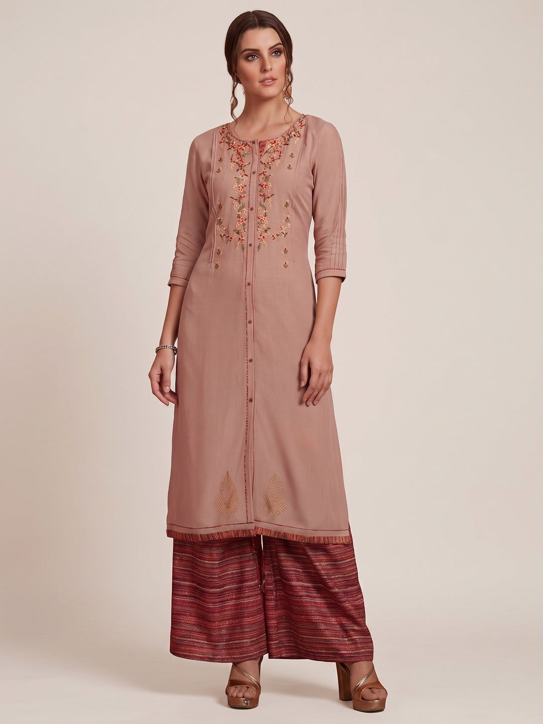 Flaunt Light Brown Colored Partywear Embroidered Pure Muslin-Silk Kurti-Palazzo Set - Image 1