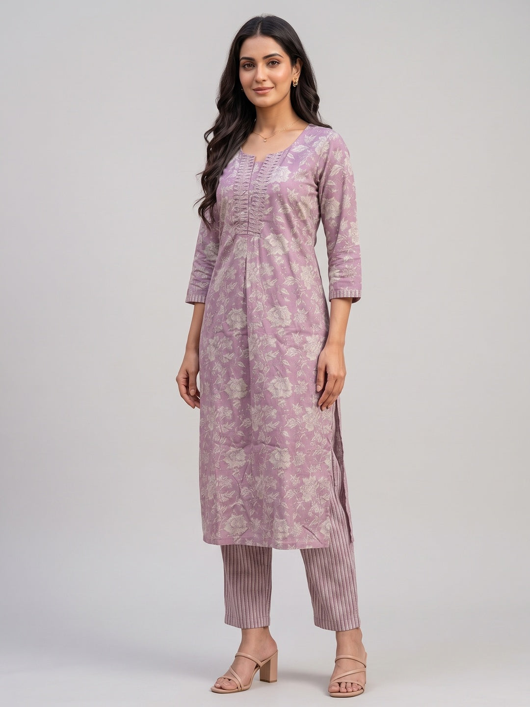 Purple Floral Printed With Katha Work Pure Cotton Straight Kurti Sets - Image 4