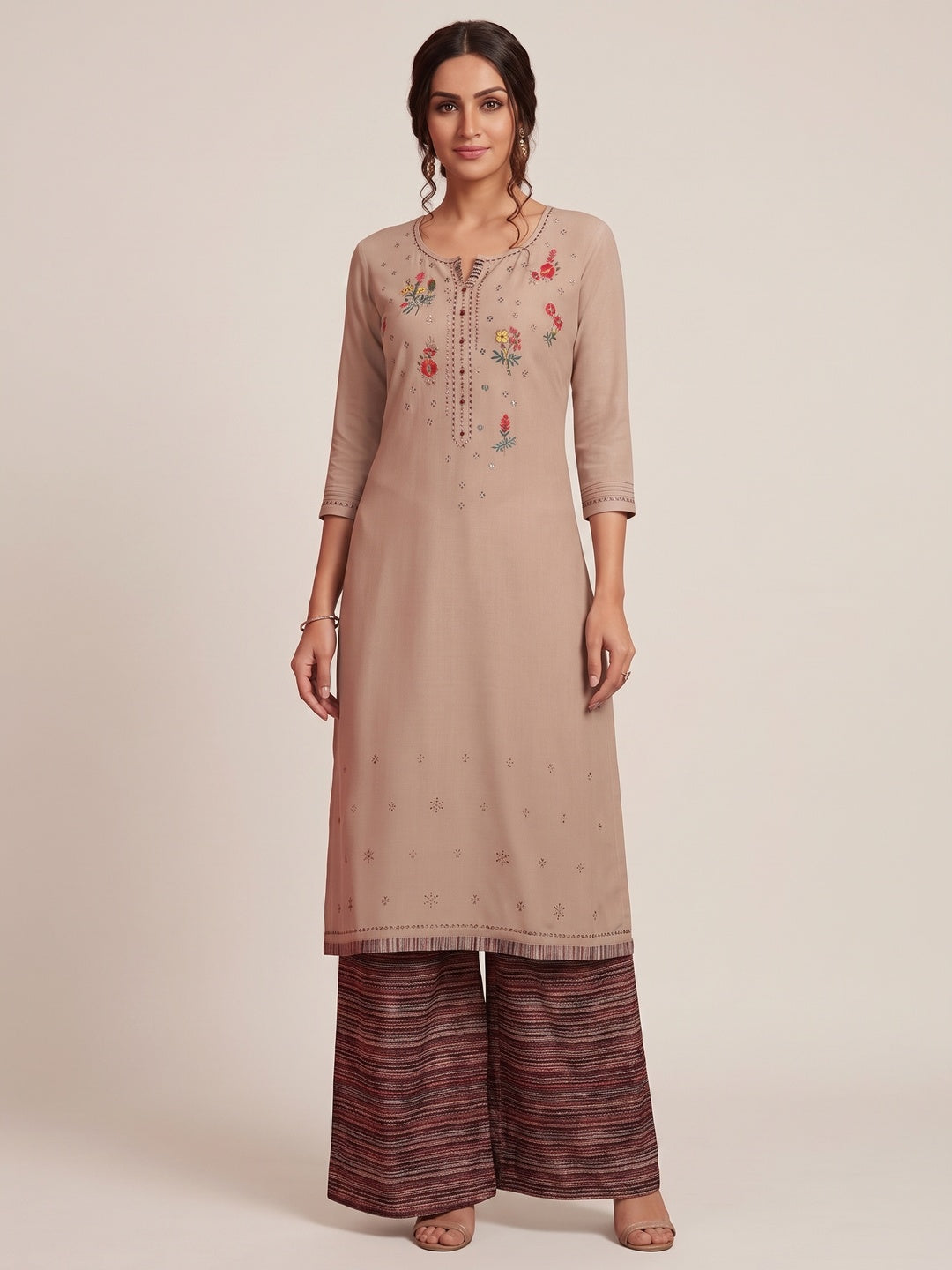 Mesmerising Beige Colored Partywear Embroidered Pure Muslin-Silk Kurti-Palazzo Set - Image 1