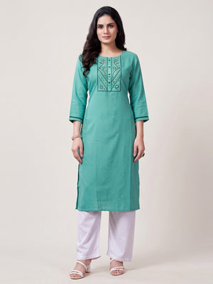 Turquoise Yoke Embroidered Pure Cotton Straight Kurti - Image 1