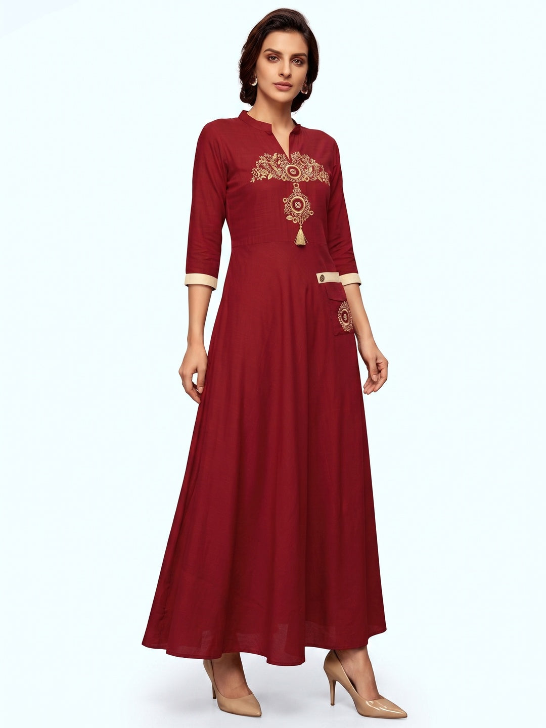 Red Floral Embroidered Rayon Long Kurti - Image 2