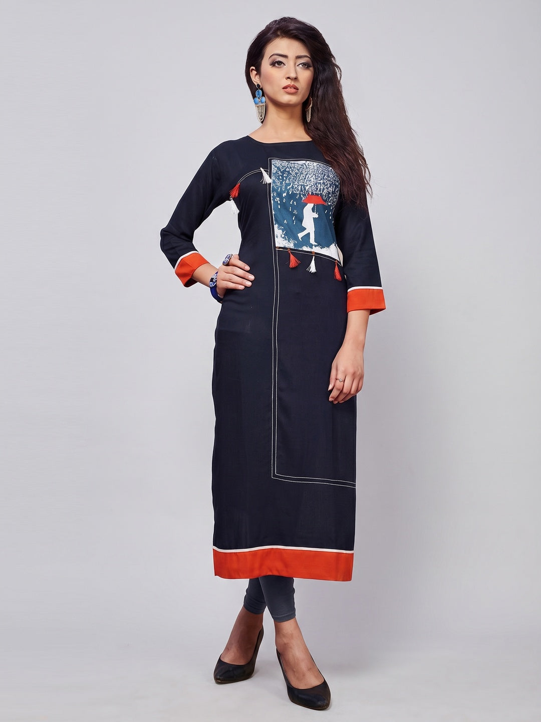 Appealing Navy Blue Colored Party Wear Printed Rayon Kurti - Image 1