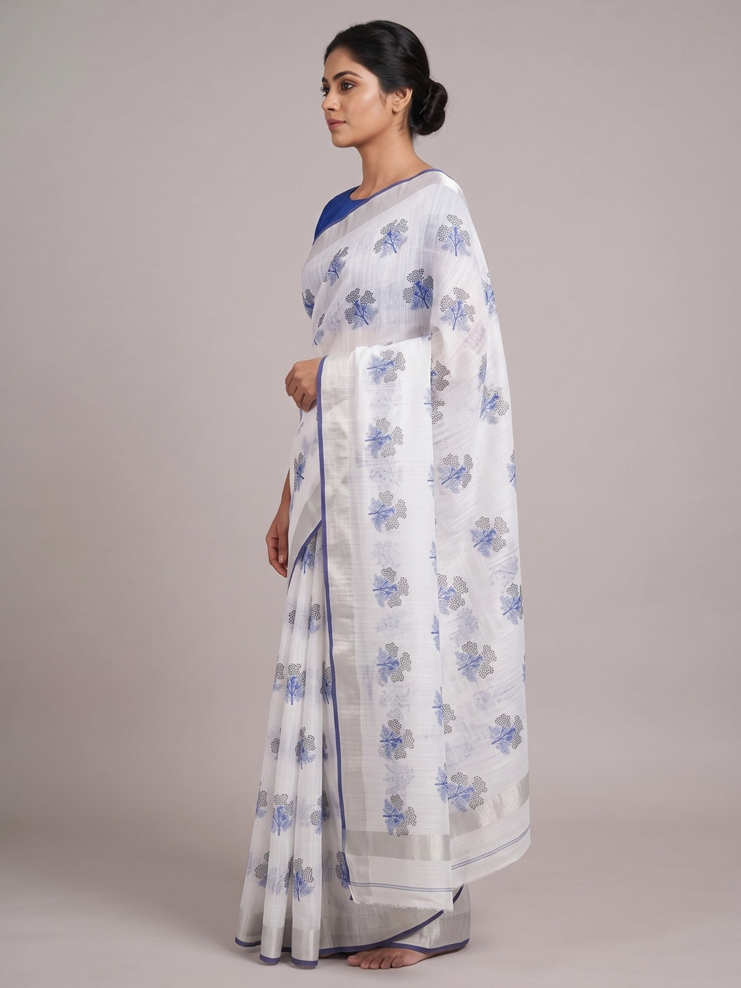 White & Blue Floral Printed Linen Saree - Image 3