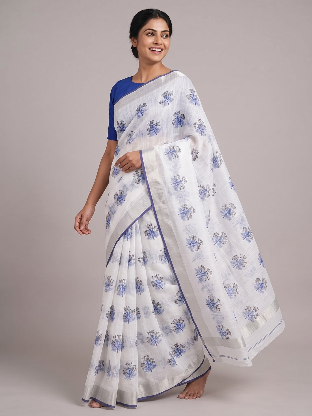White & Blue Floral Printed Linen Saree - Image 4