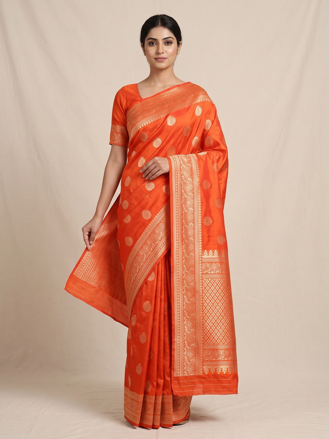 Orange Floral Woven Lichi Banarasi Silk Saree - Image 1