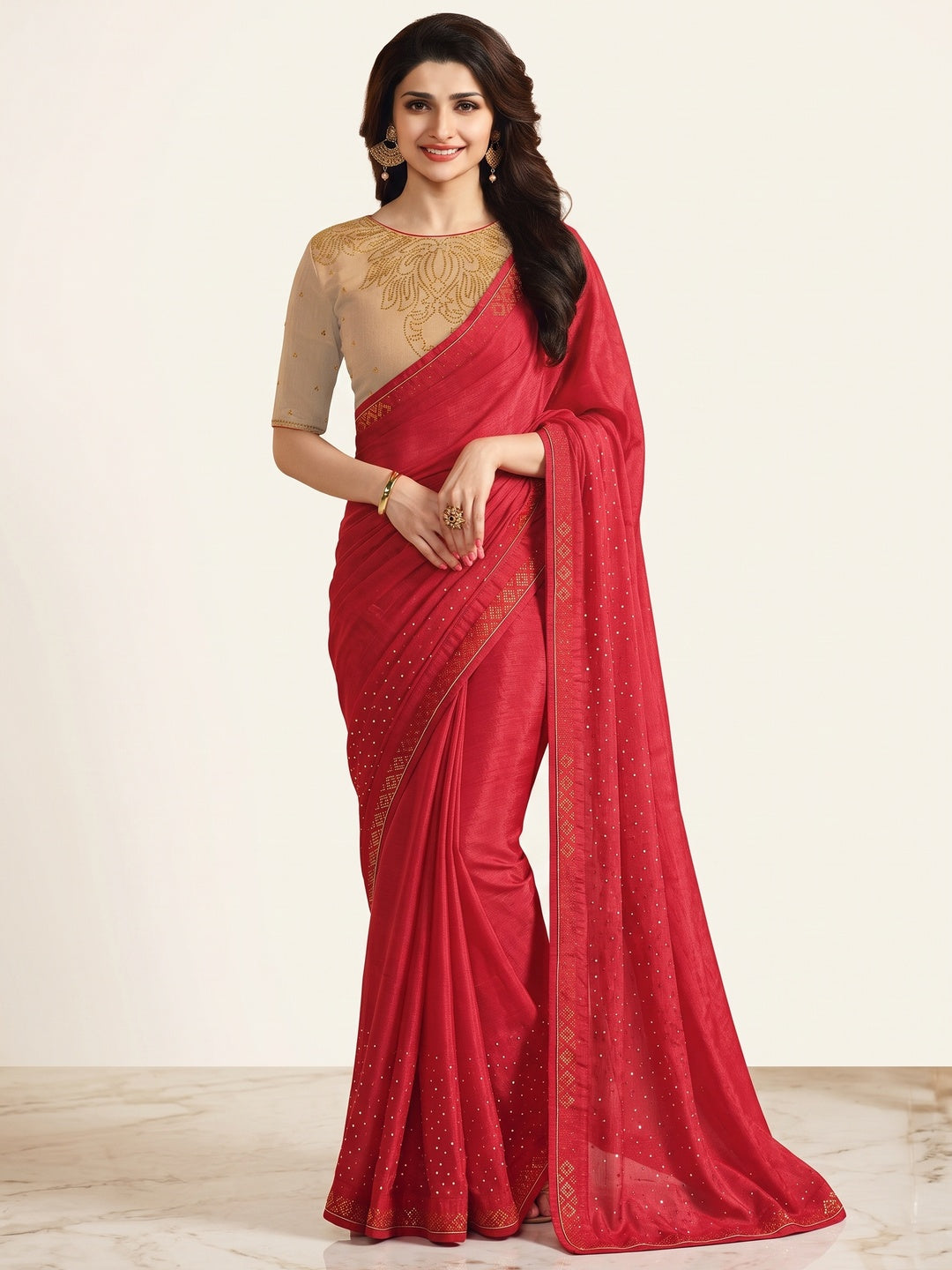 Red Swarovski Work Art Silk Saree - Image 4