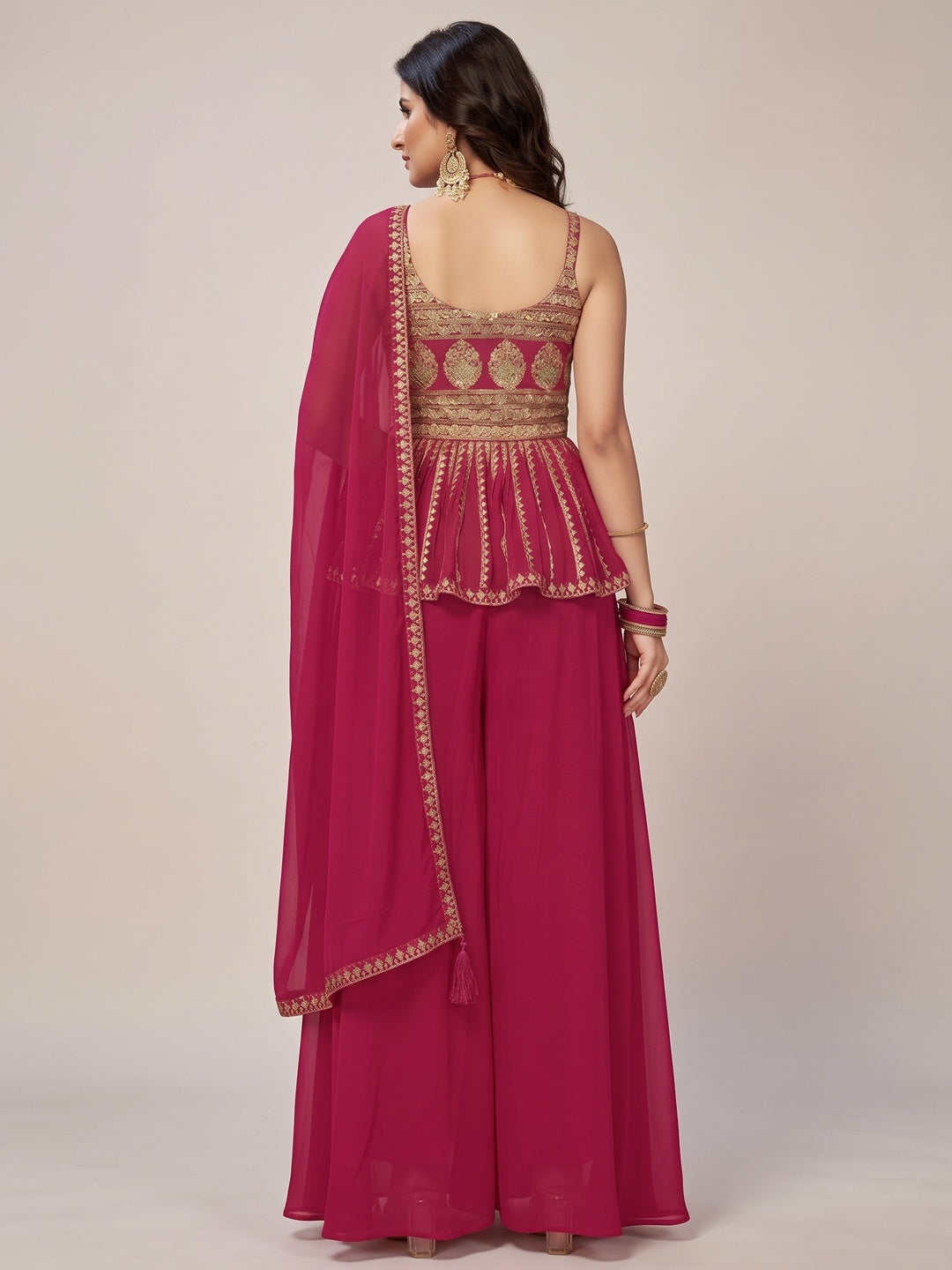 Rose Pink Party Wear Embroiddered Georgette Sharara Suit - Image 3