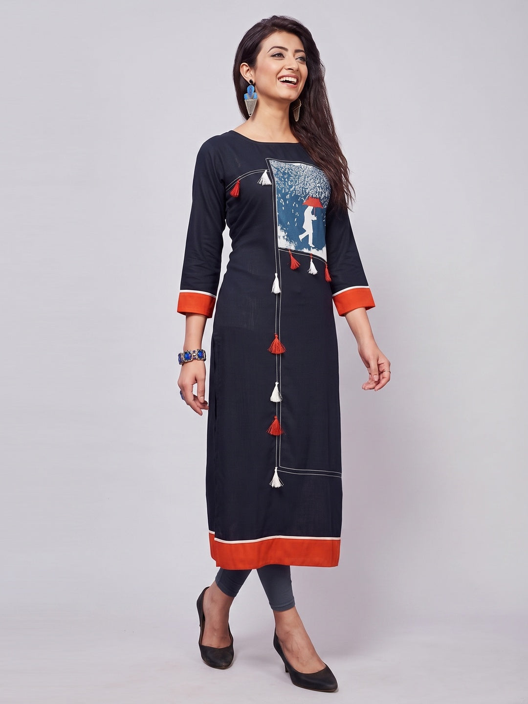 Appealing Navy Blue Colored Party Wear Printed Rayon Kurti - Image 4