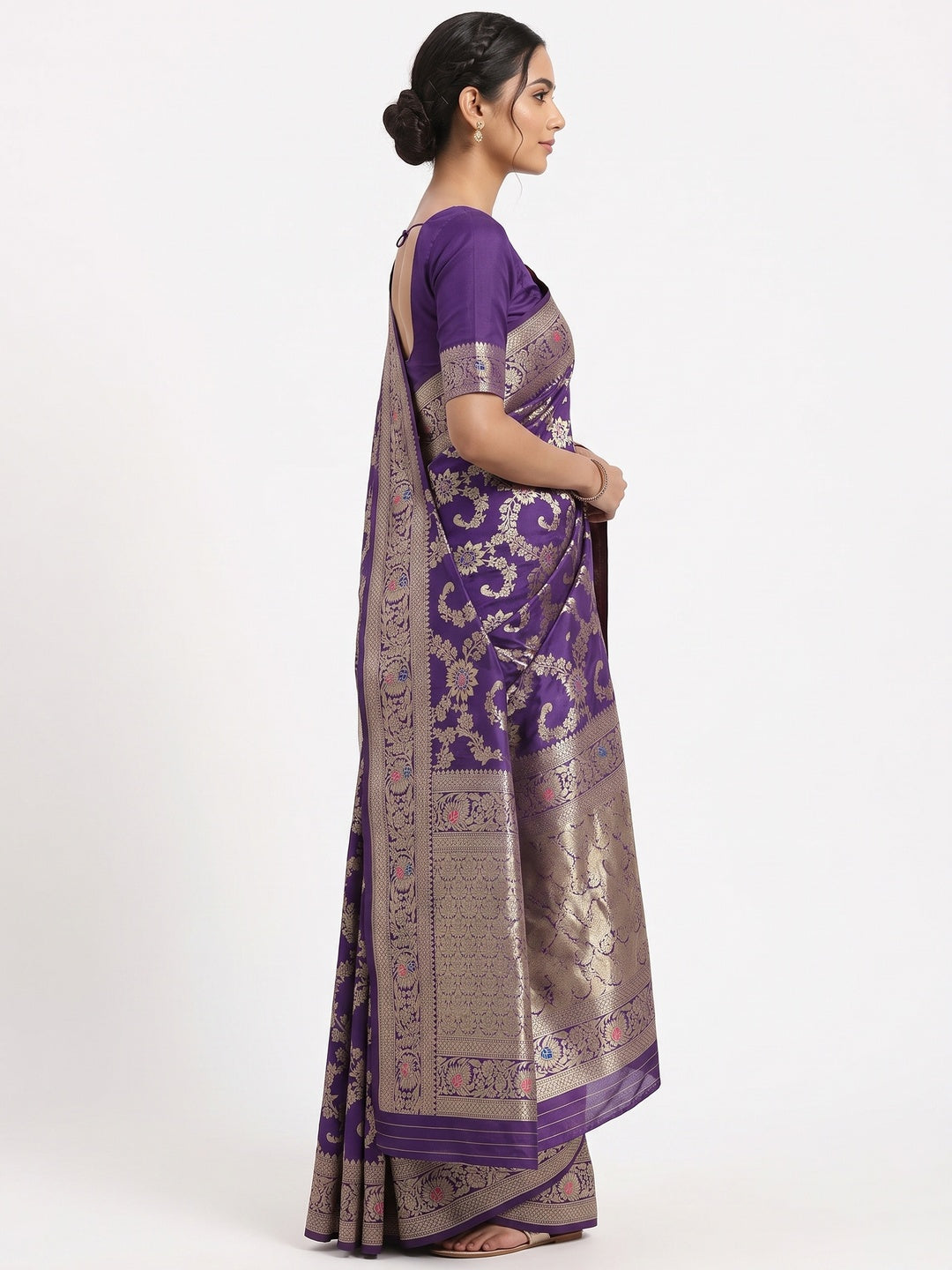 Violet Pure Silk Drape Featuring Traditional Heavy Zari Weaving for a Royal Look - Image 3
