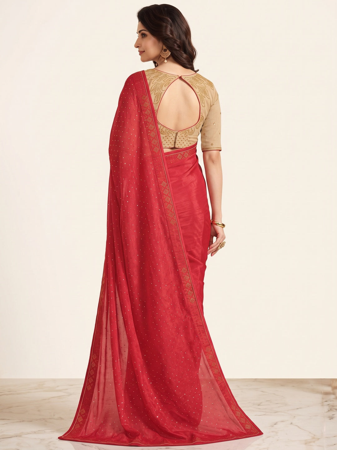 Red Swarovski Work Art Silk Saree - Image 5