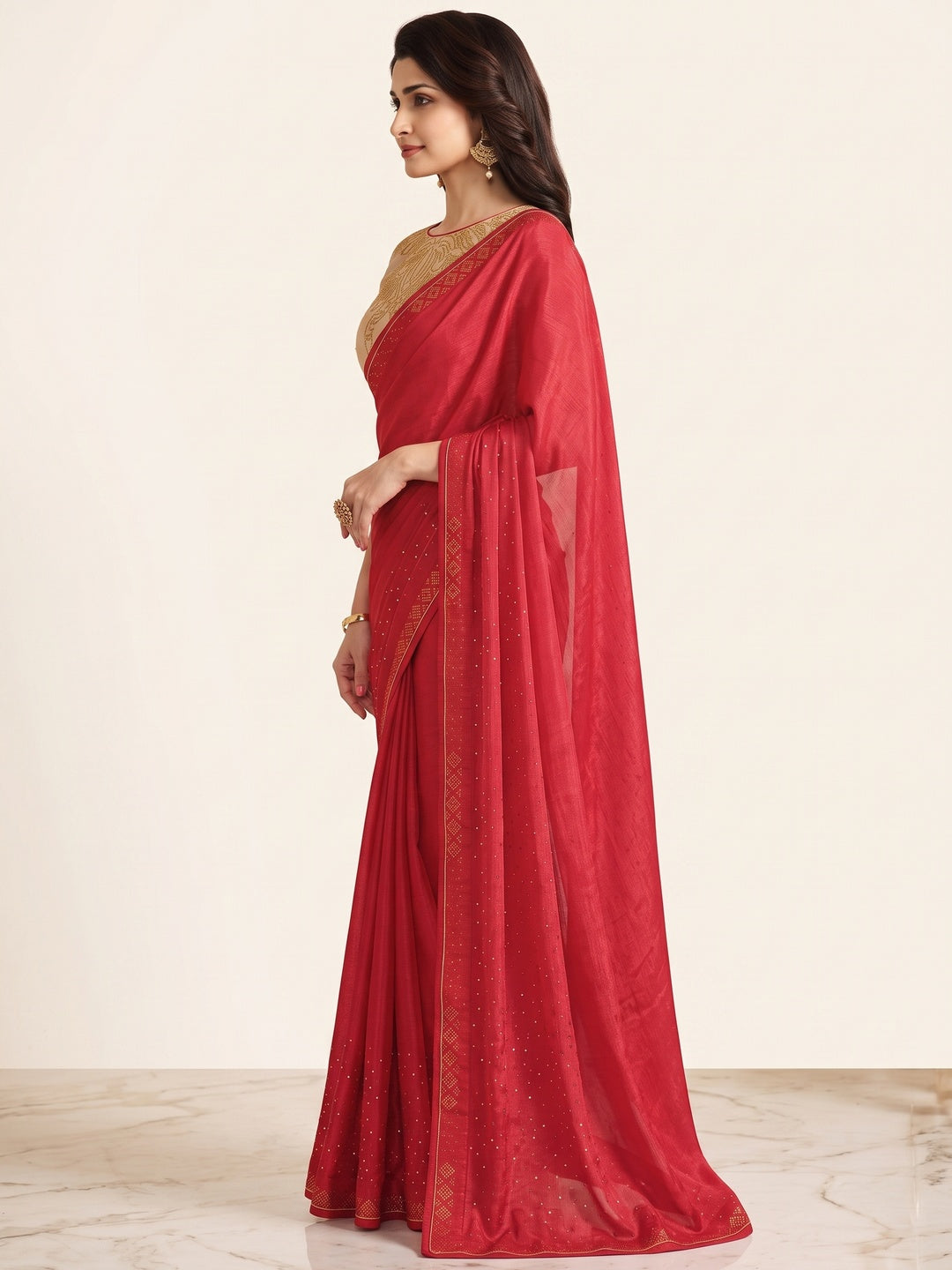 Red Swarovski Work Art Silk Saree - Image 6