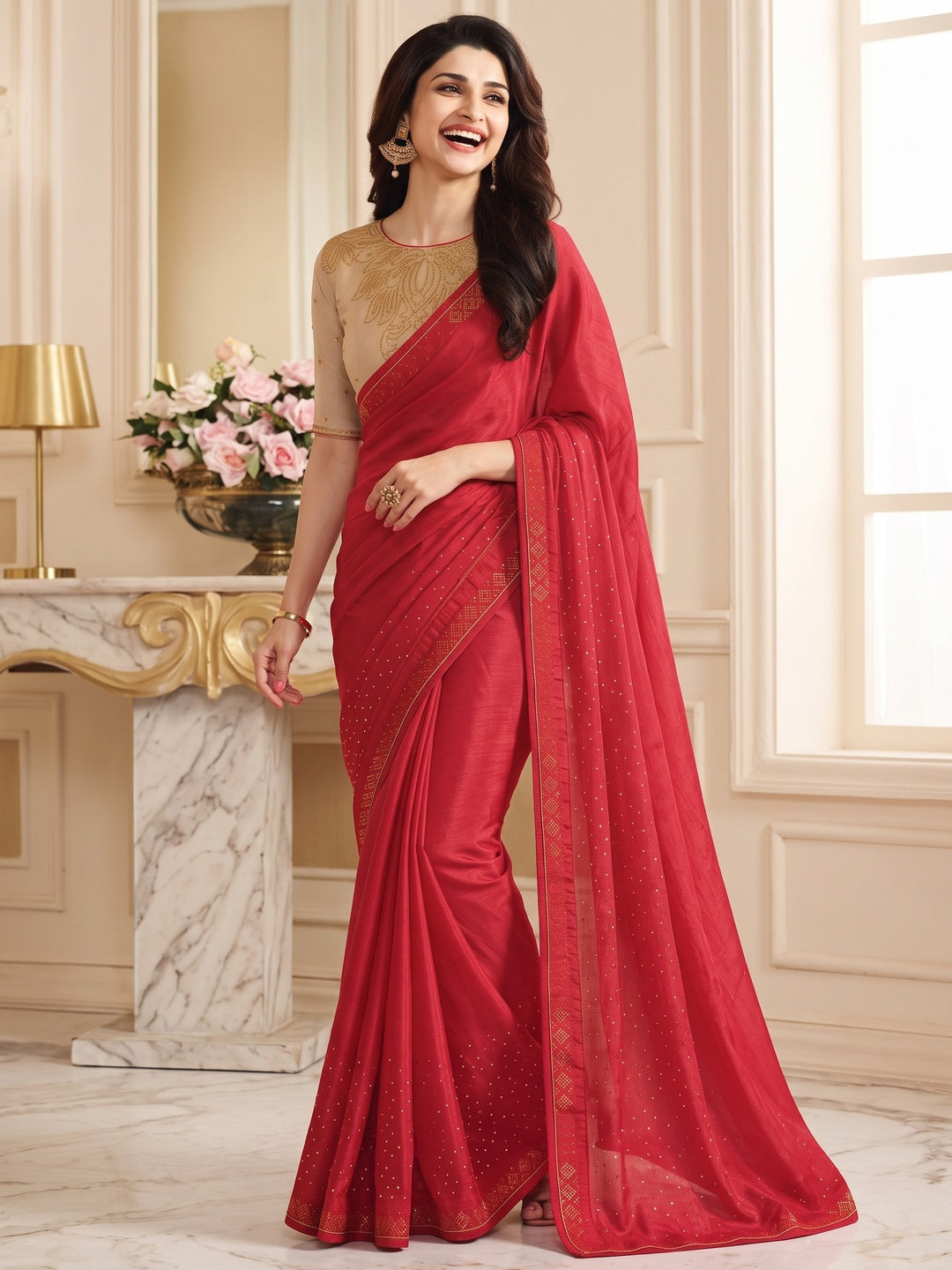Red Swarovski Work Art Silk Saree - Image 7