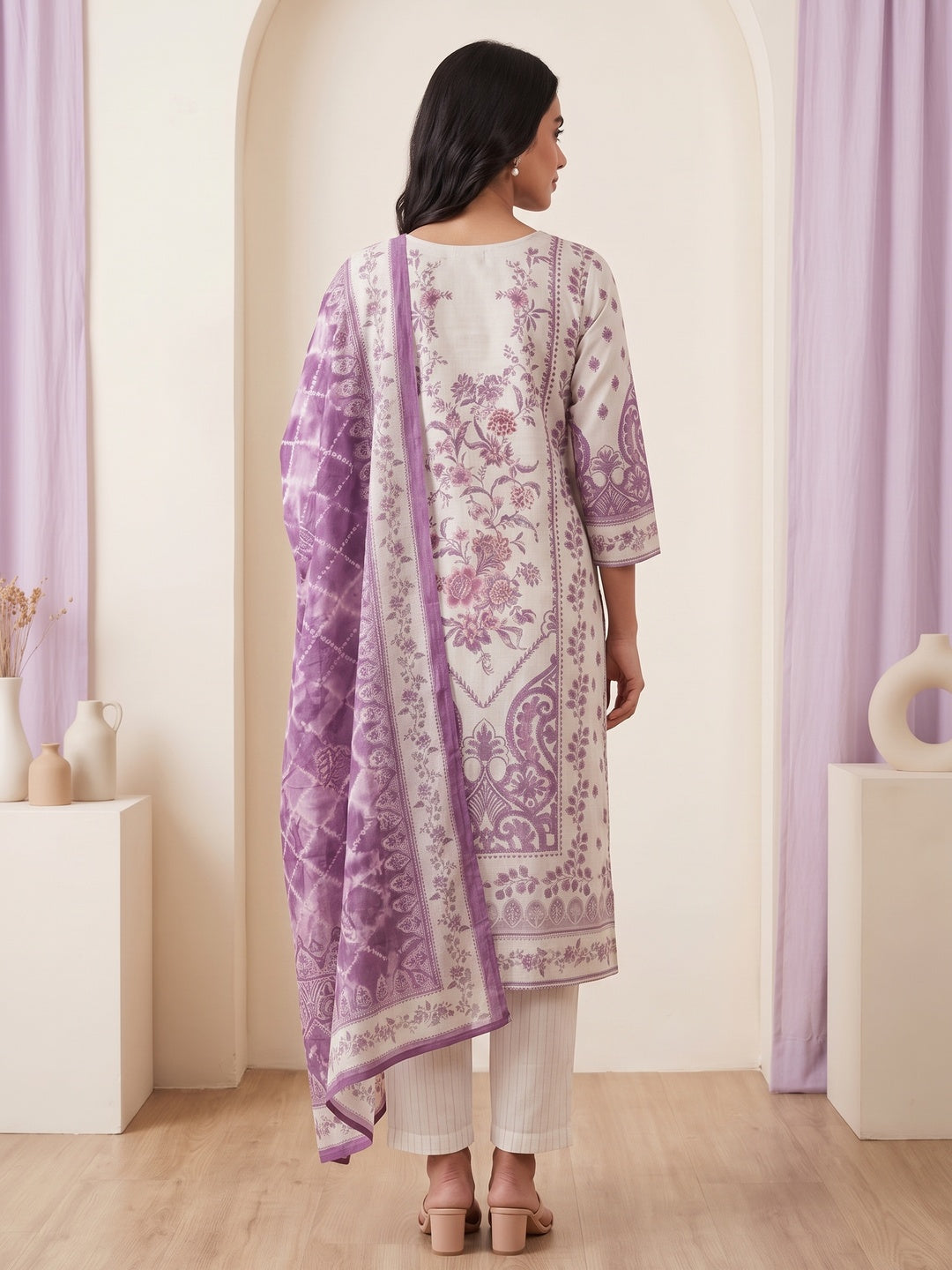 Off White Muslin Purple Floral Printed Salwar Suit Set - Image 5