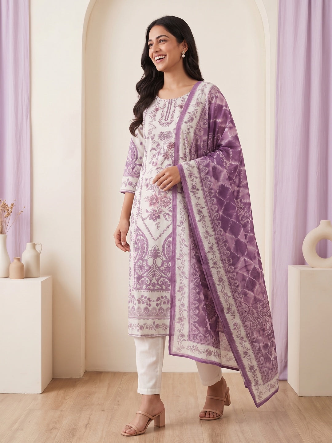Off White Muslin Purple Floral Printed Salwar Suit Set - Image 7