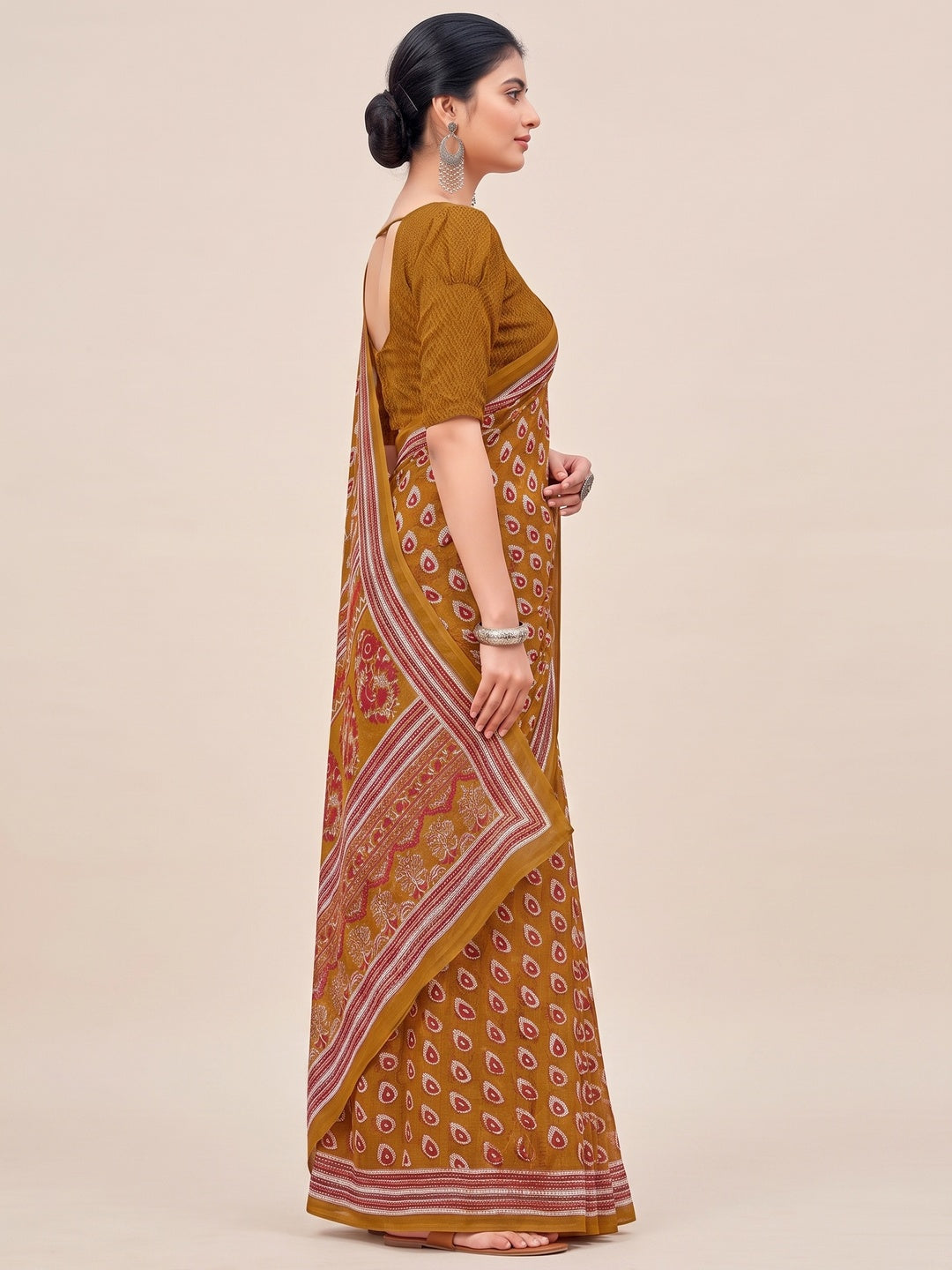 Mustard Printed Georgette Saree - Image 4