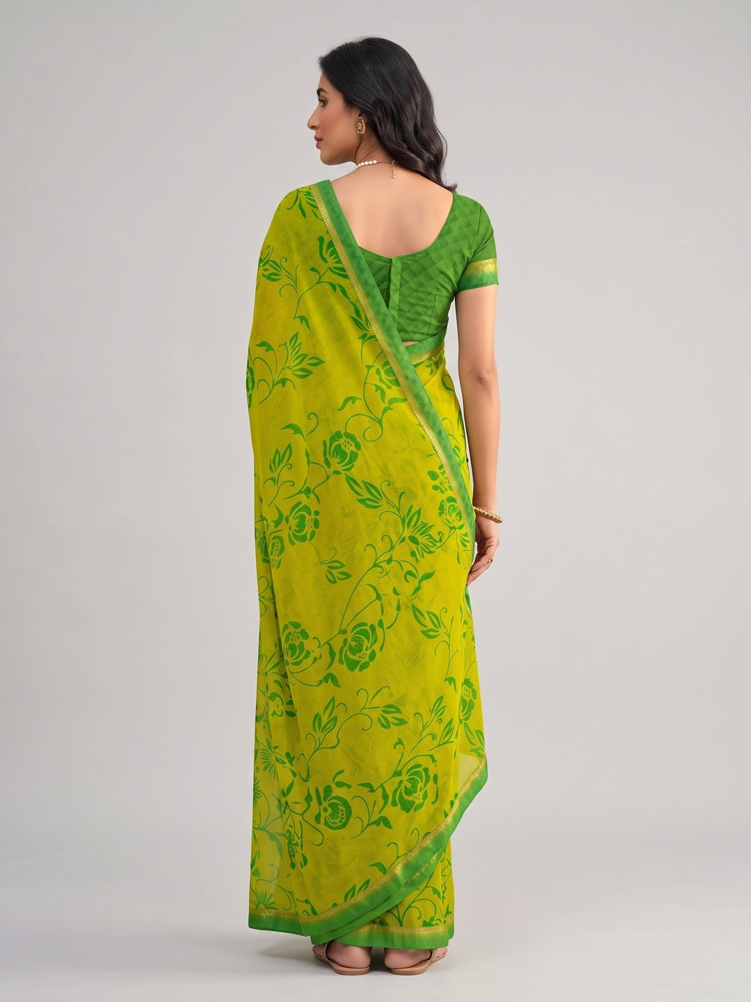 Lemon Green Floral Printed Georgette Saree - Image 2