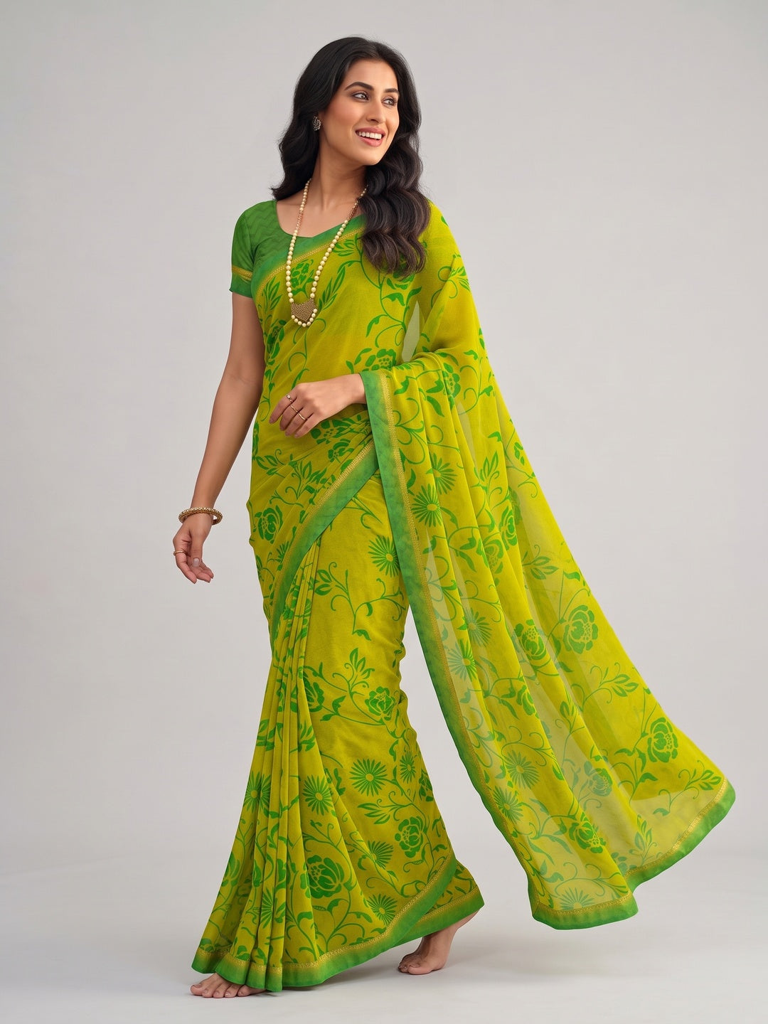 Lemon Green Floral Printed Georgette Saree - Image 4