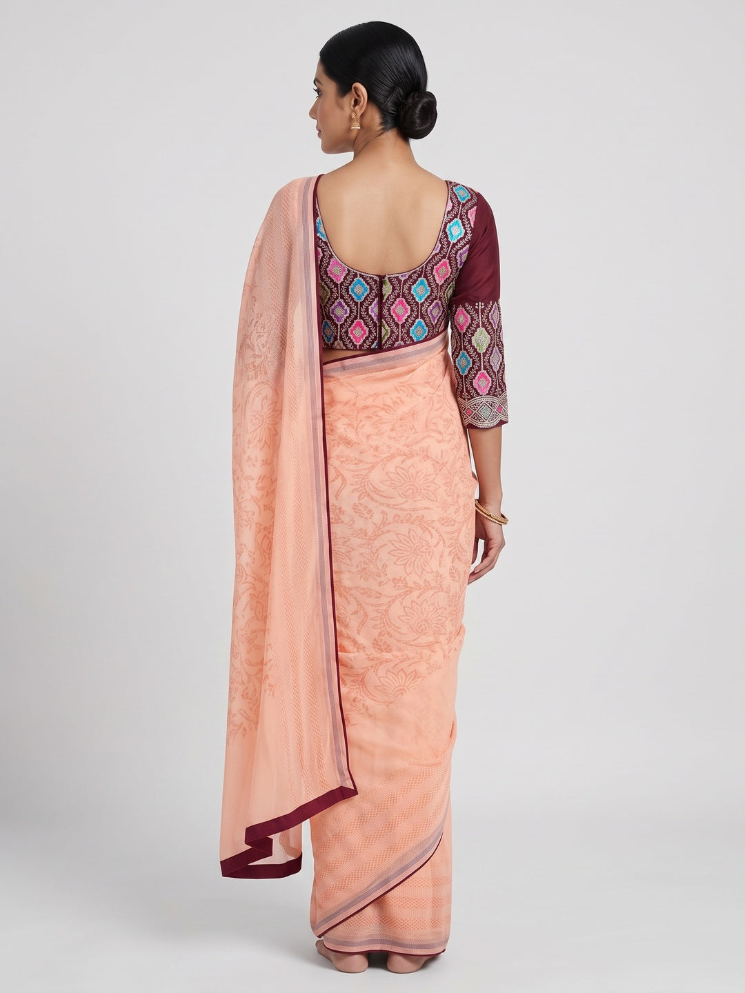 Light Peach Floral Printed Georgette Saree - Image 2