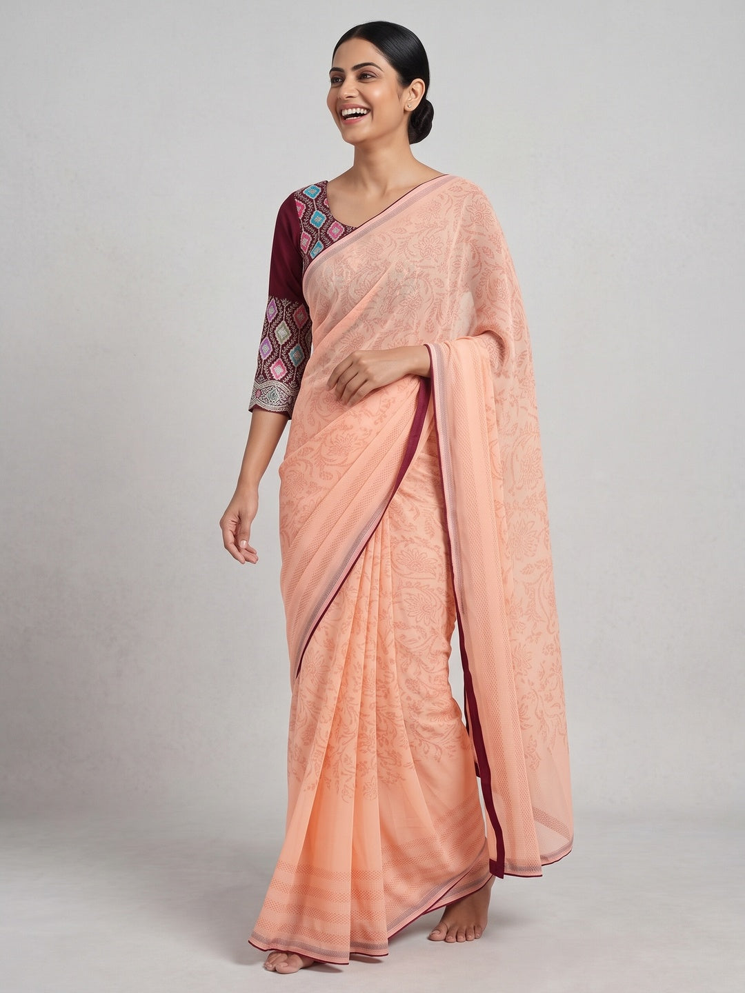 Light Peach Floral Printed Georgette Saree - Image 4