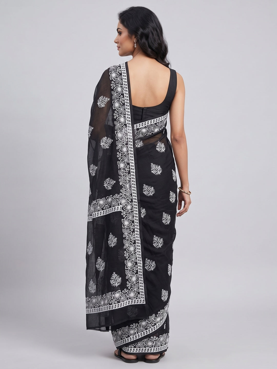Black Floral Embroidered Kota Doria Saree - Image 2