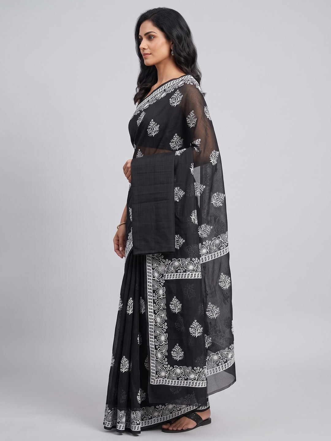 Black Floral Embroidered Kota Doria Saree - Image 3