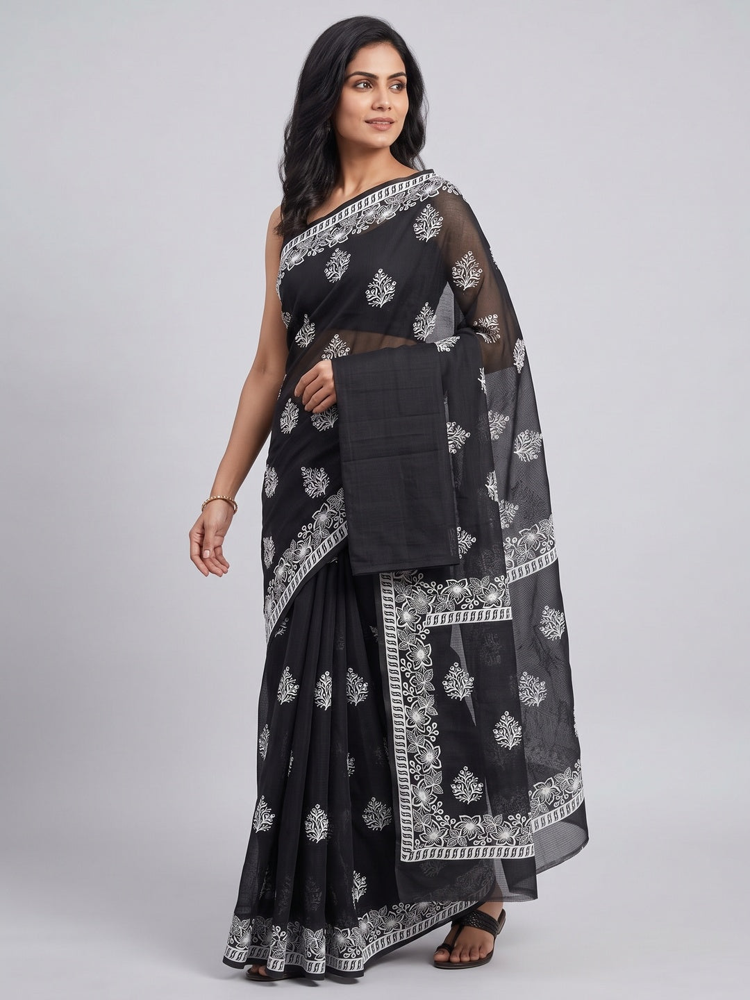 Black Floral Embroidered Kota Doria Saree - Image 4