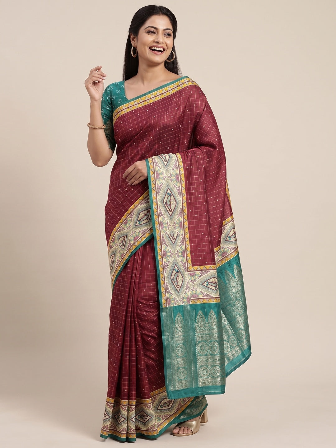 Maroon Madhubani Work Woven Dola Silk Saree - Image 4