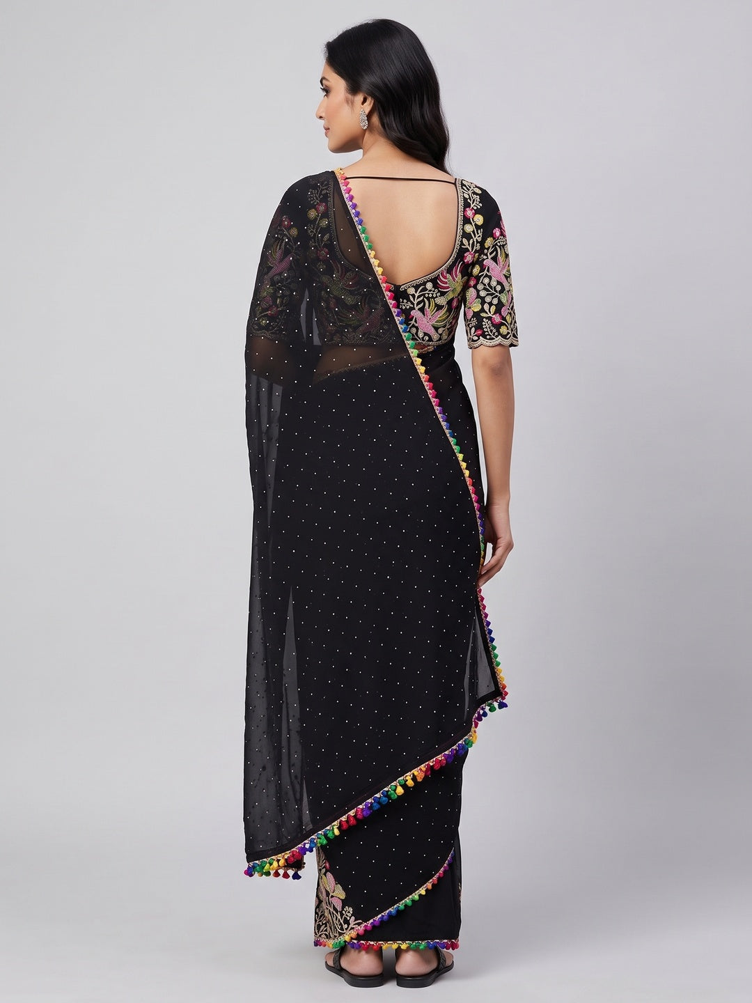 Black Swarovski Work Embroidered Georgette Saree - Image 2