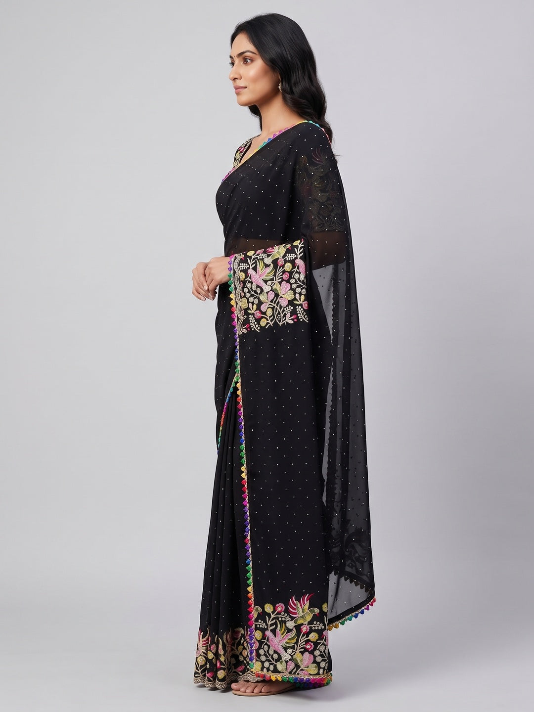 Black Swarovski Work Embroidered Georgette Saree - Image 3