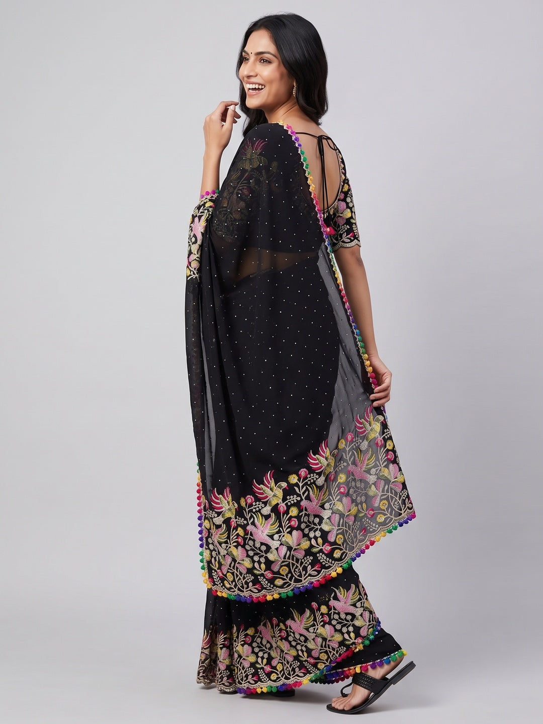 Black Swarovski Work Embroidered Georgette Saree - Image 4