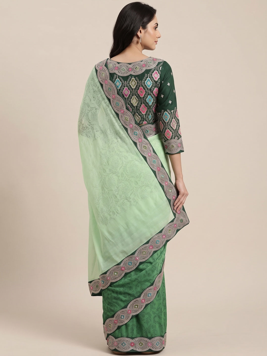 Green Floral Printed Georgette Saree - Image 2