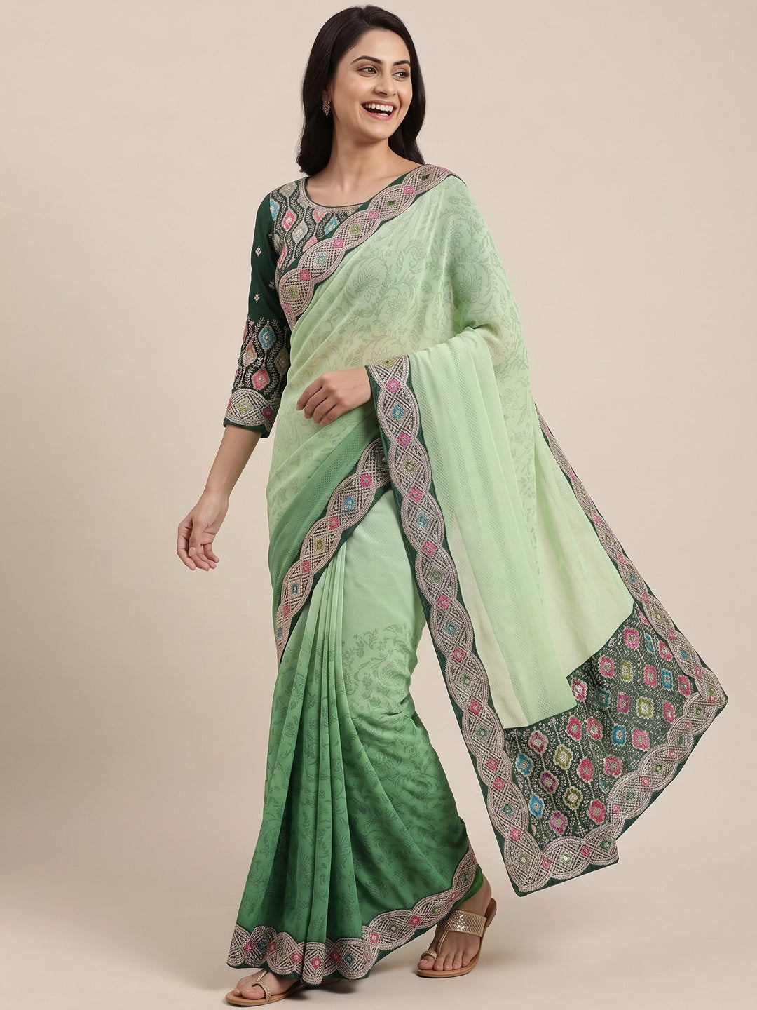 Green Floral Printed Georgette Saree - Image 4