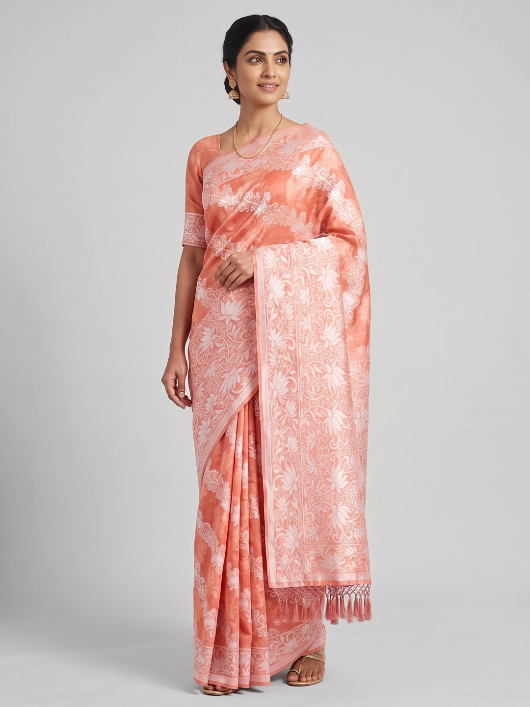 Peach Floral Woven Banarasi Silk Saree With Tassels - Image 4