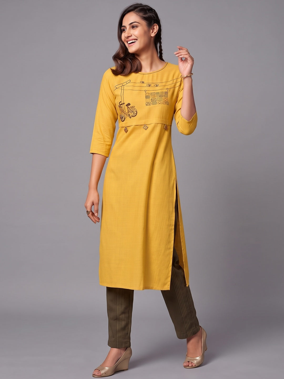 Impressive Yellow Colored Casual Wear Cotton Kurti With Bottom - Image 4