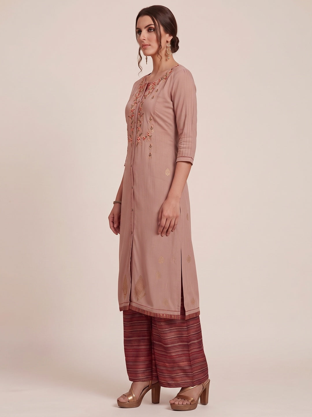 Flaunt Light Brown Colored Partywear Embroidered Pure Muslin-Silk Kurti-Palazzo Set - Image 3