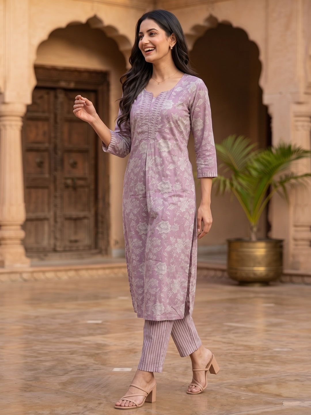 Purple Floral Printed With Katha Work Pure Cotton Straight Kurti Sets - Image 7