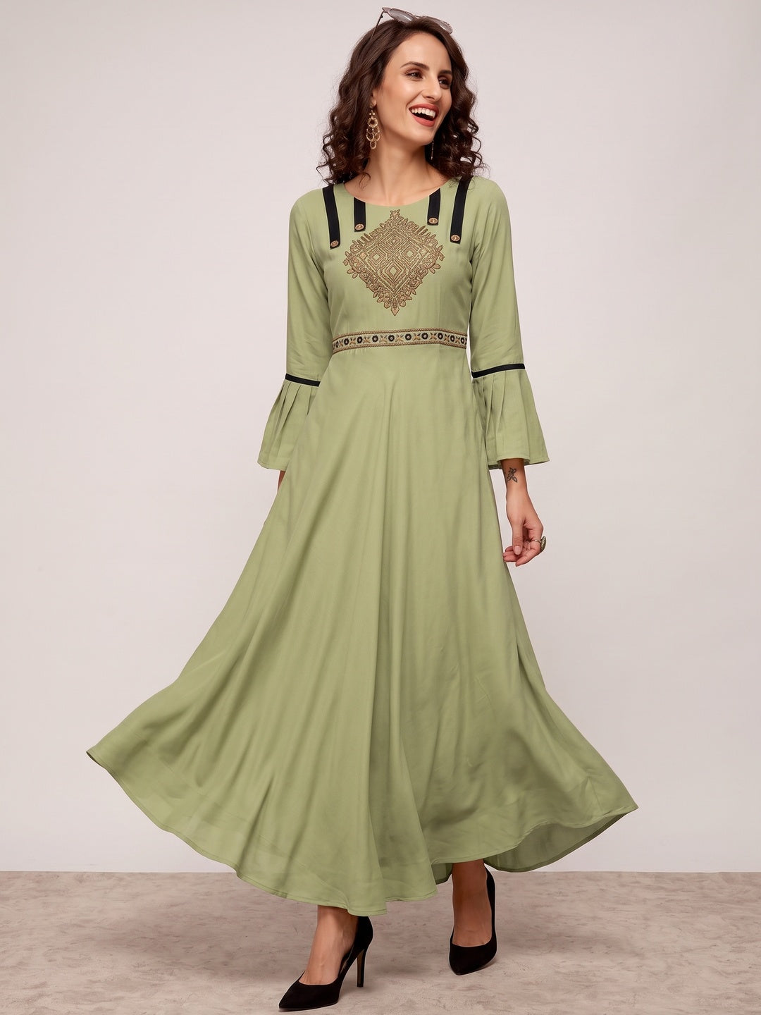 Breathtaking Pista Green Colored Partywear Embroidered Rayon Long Kurti - Image 4