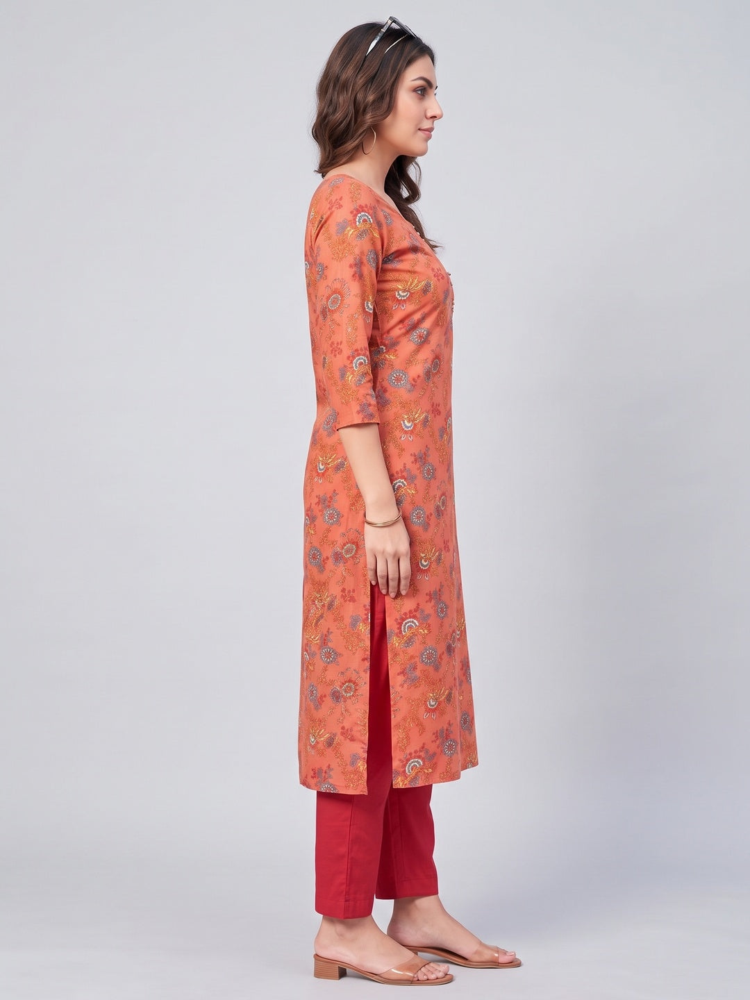 Peach Floral Printed Cotton Blend Kurti - Image 4
