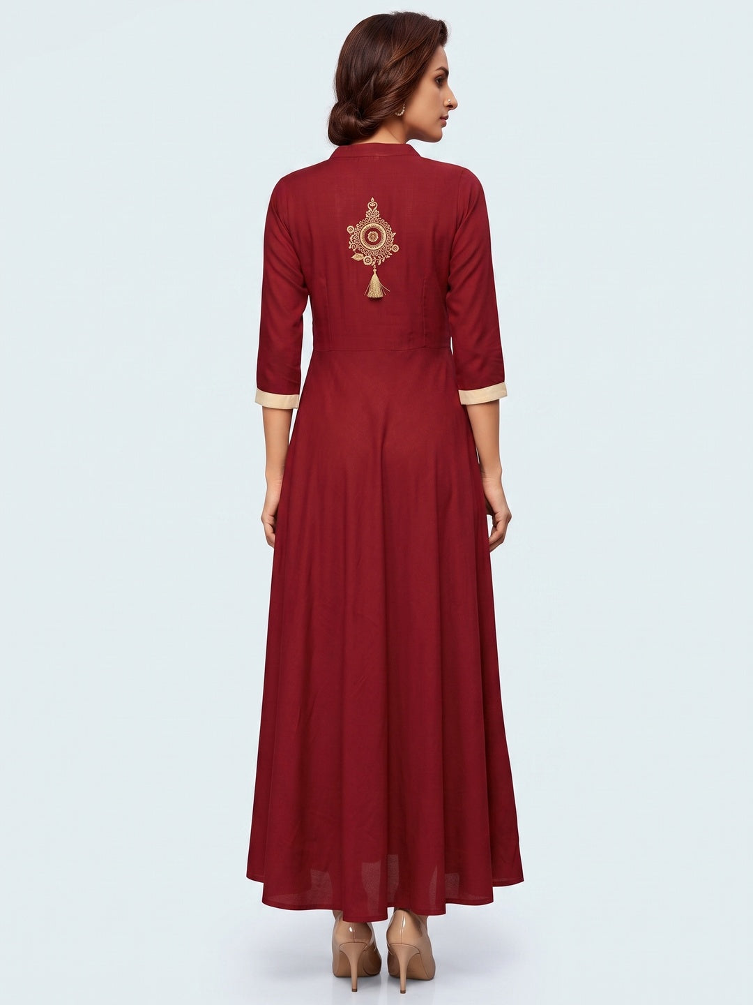 Red Floral Embroidered Rayon Long Kurti - Image 3