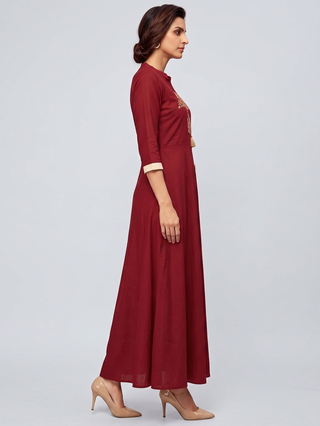 Red Floral Embroidered Rayon Long Kurti - Image 4