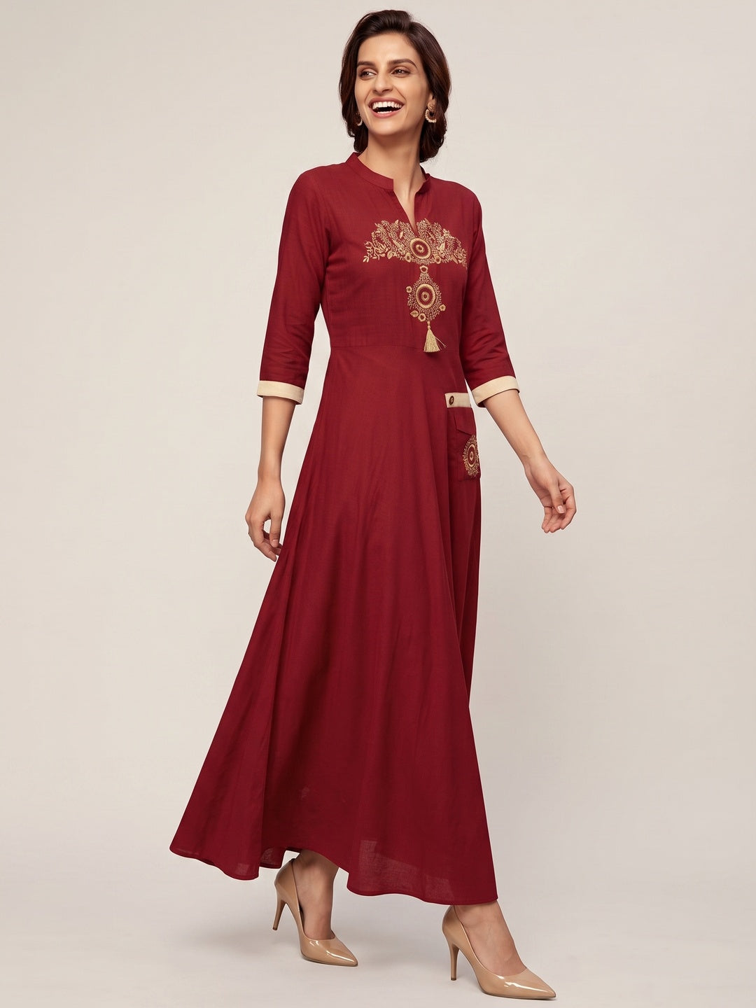 Red Floral Embroidered Rayon Long Kurti - Image 5