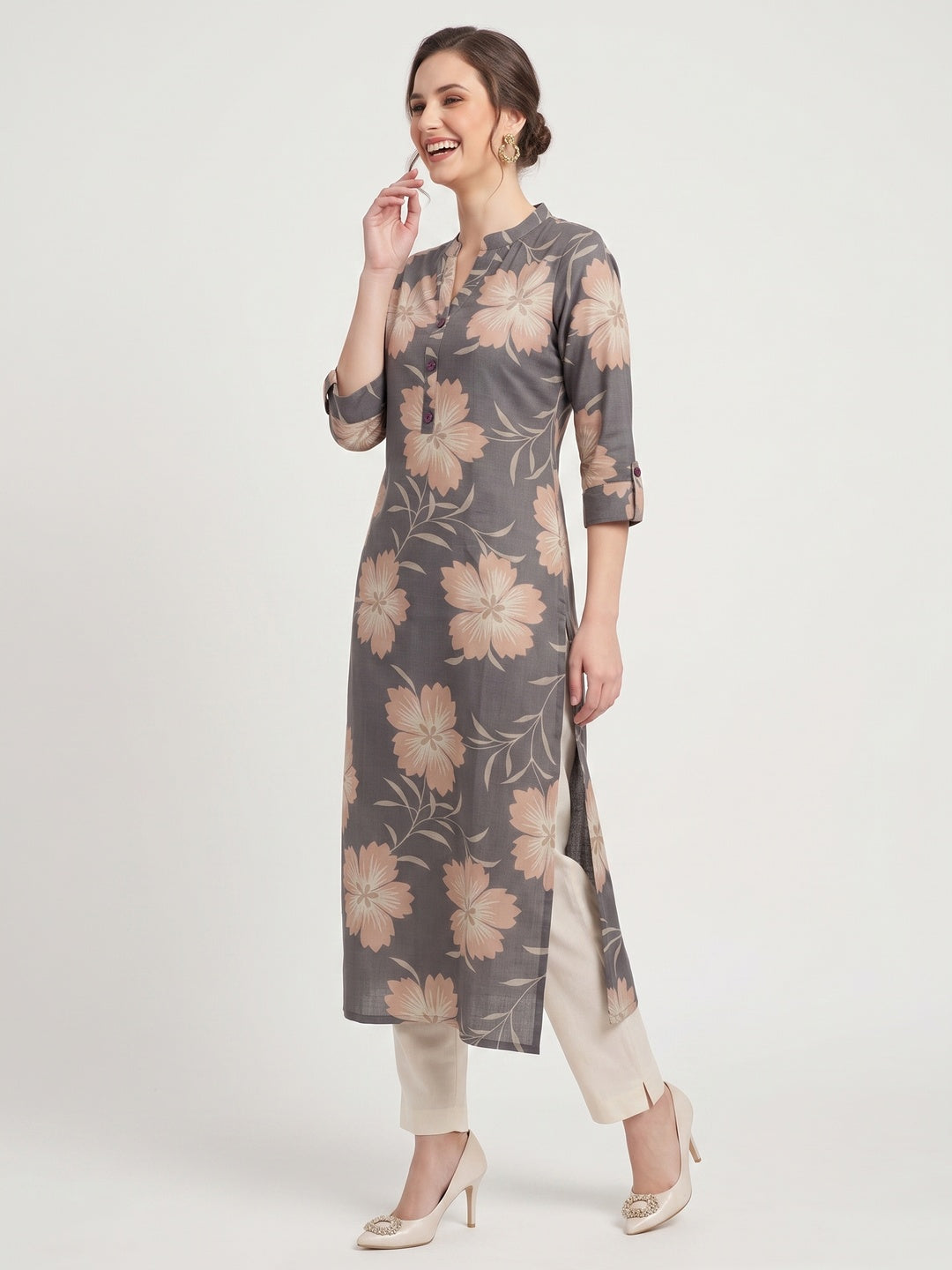 Chic Light Grey Straight Cut Kurti In Linen Vatican With Floral Print Detailing - Image 4