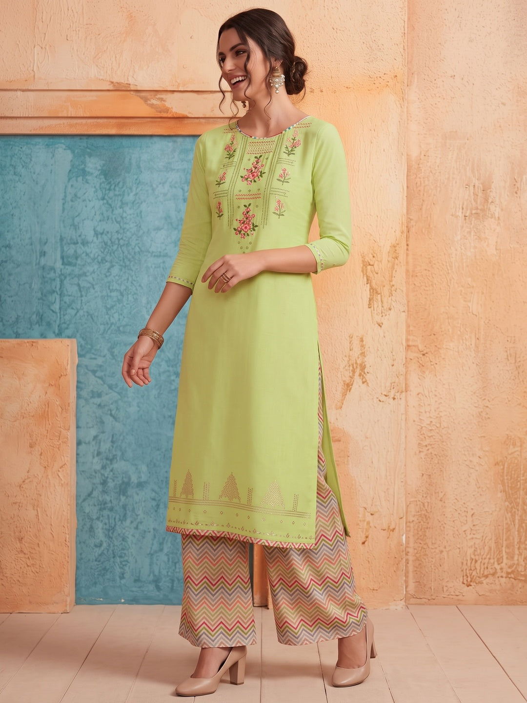 Breathtaking Bright Green Colored Partywear Embroidered Pure Muslin-Silk Kurti-Palazzo Set - Image 4