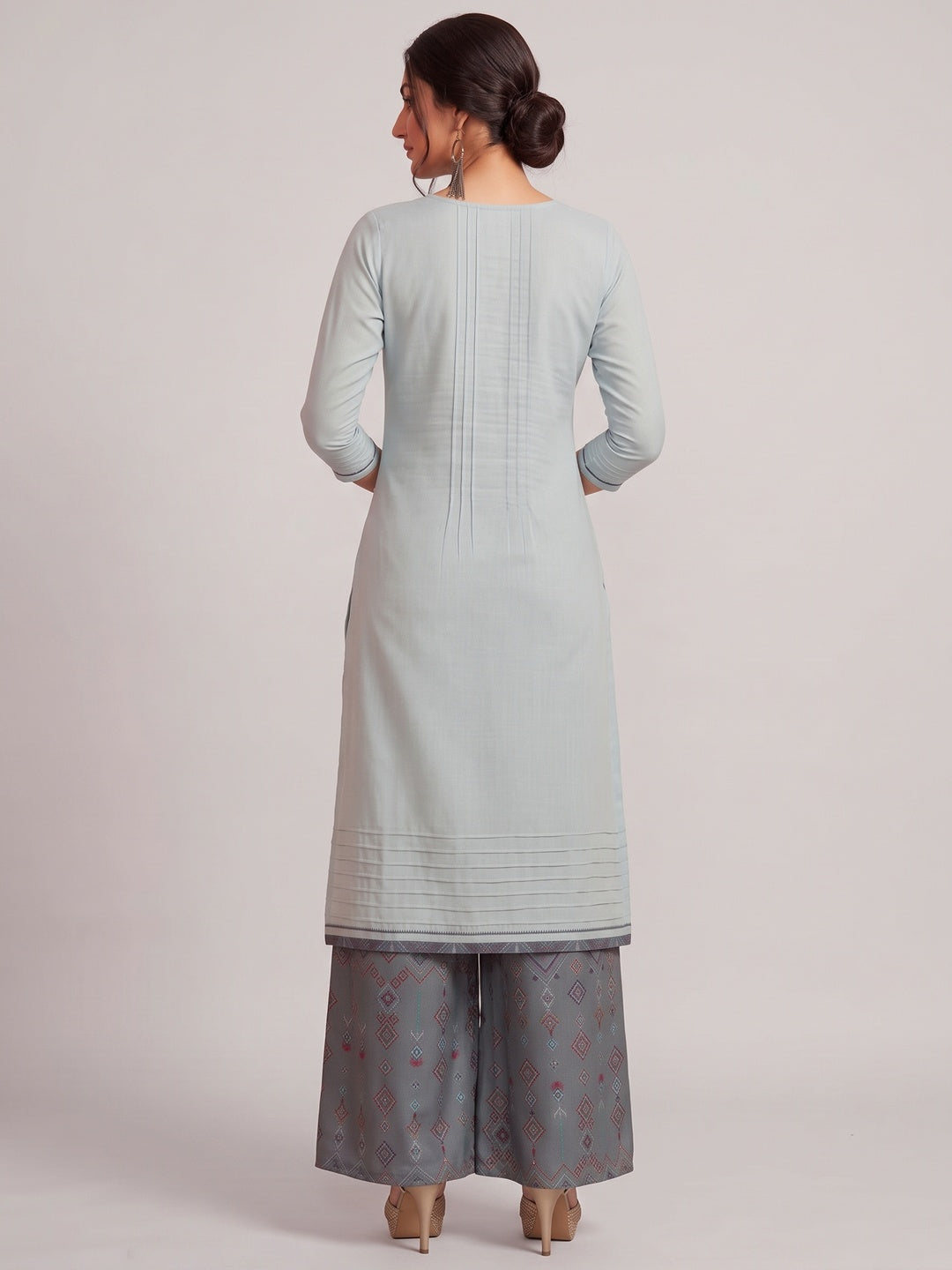 Pleasance Light Blue Colored Partywear Embroidered Pure Muslin-Silk Kurti-Palazzo Set - Image 2