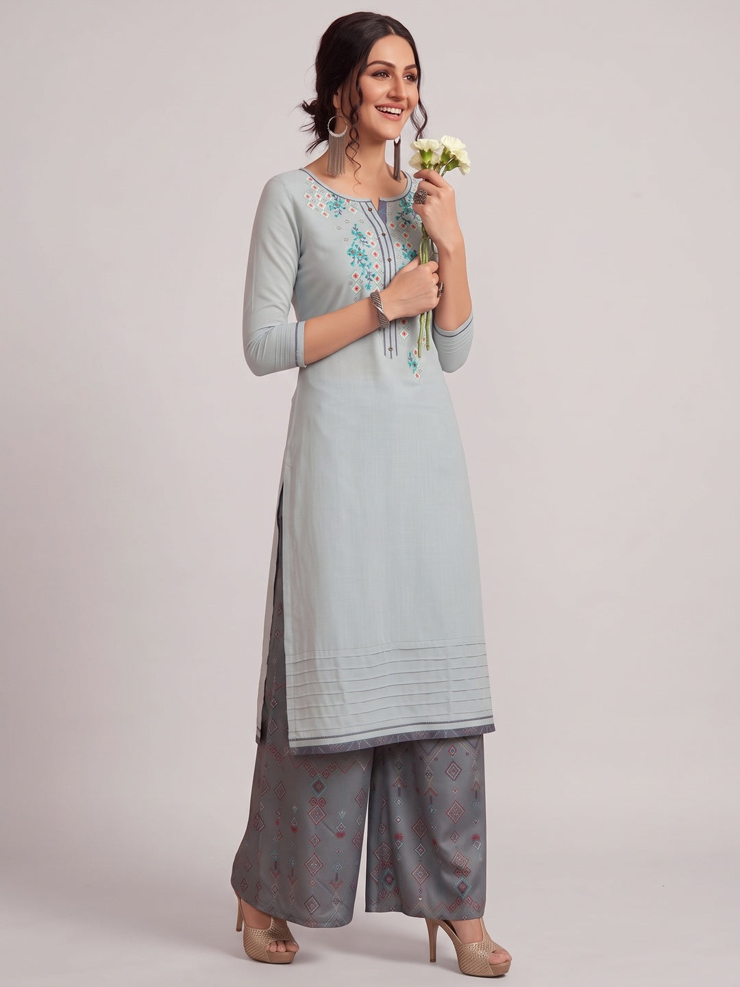 Pleasance Light Blue Colored Partywear Embroidered Pure Muslin-Silk Kurti-Palazzo Set - Image 4