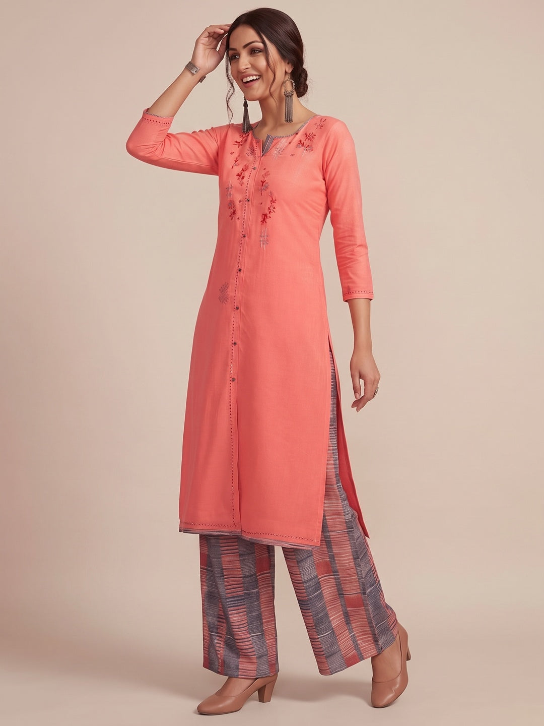 Ethnic Pink Colored Partywear Embroidered Pure Muslin-Silk Kurti-Palazzo Set - Image 4