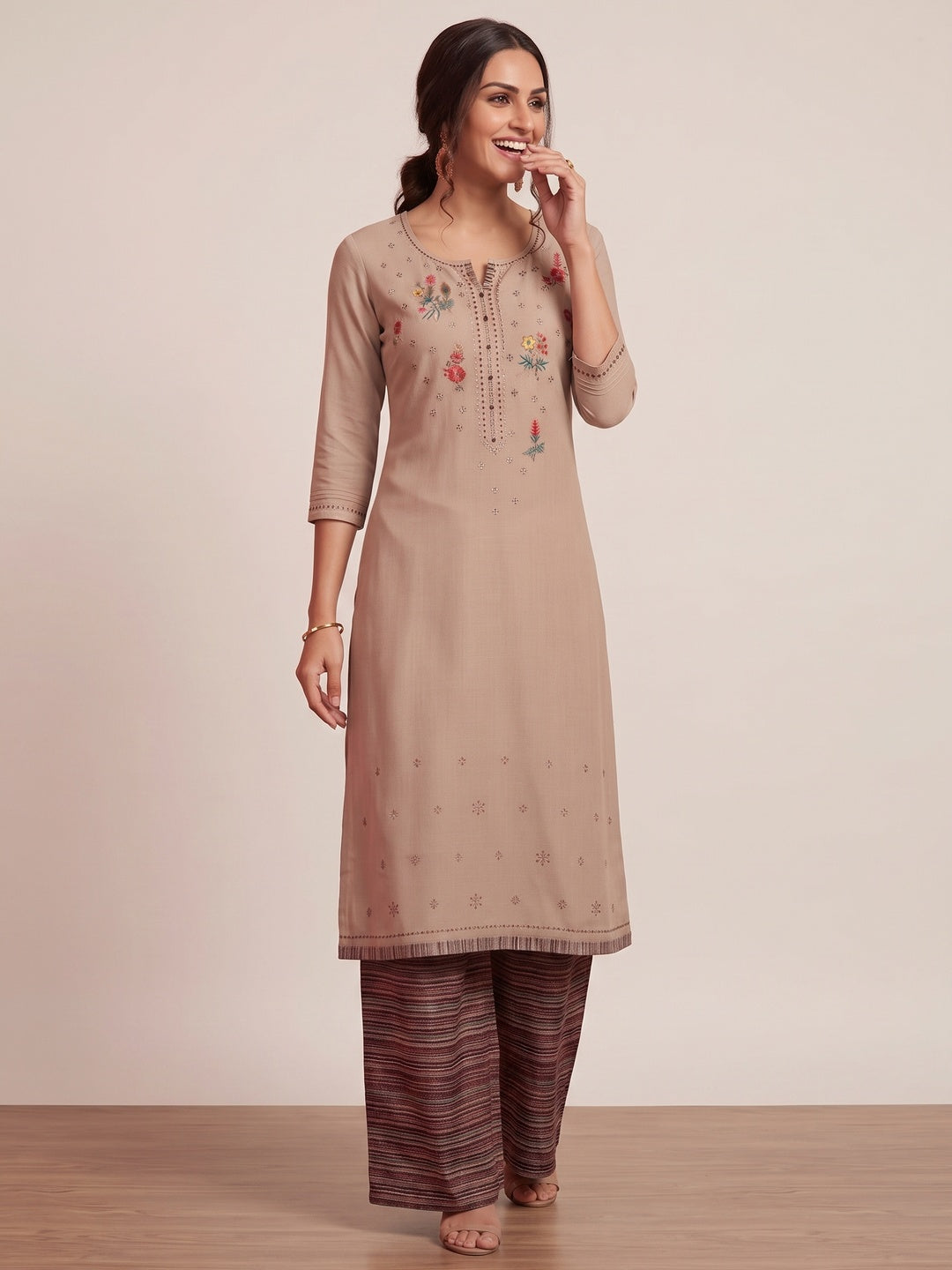 Mesmerising Beige Colored Partywear Embroidered Pure Muslin-Silk Kurti-Palazzo Set - Image 4