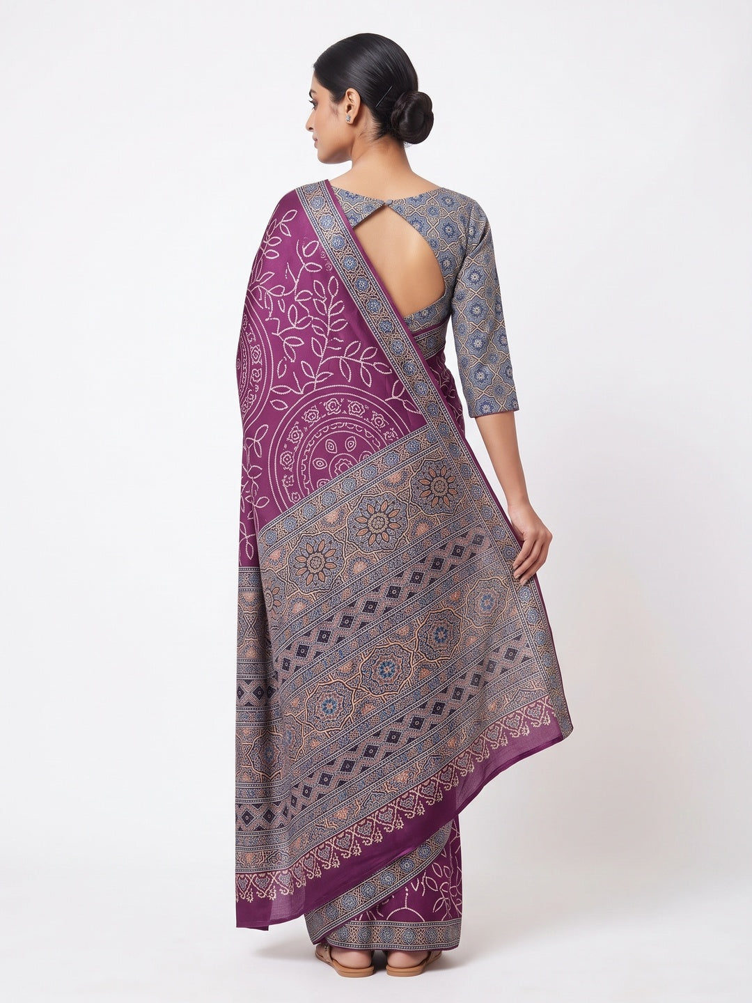 Purple Moss Satin Silk Saree Featuring Bandhani Print & Ajrakh Pallu Work - Image 2