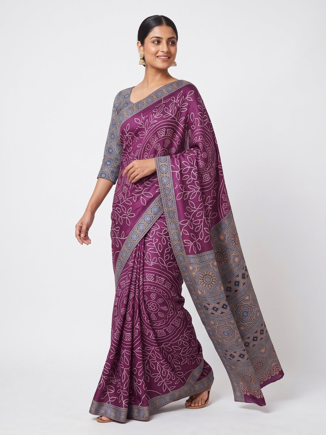 Purple Moss Satin Silk Saree Featuring Bandhani Print & Ajrakh Pallu Work - Image 4