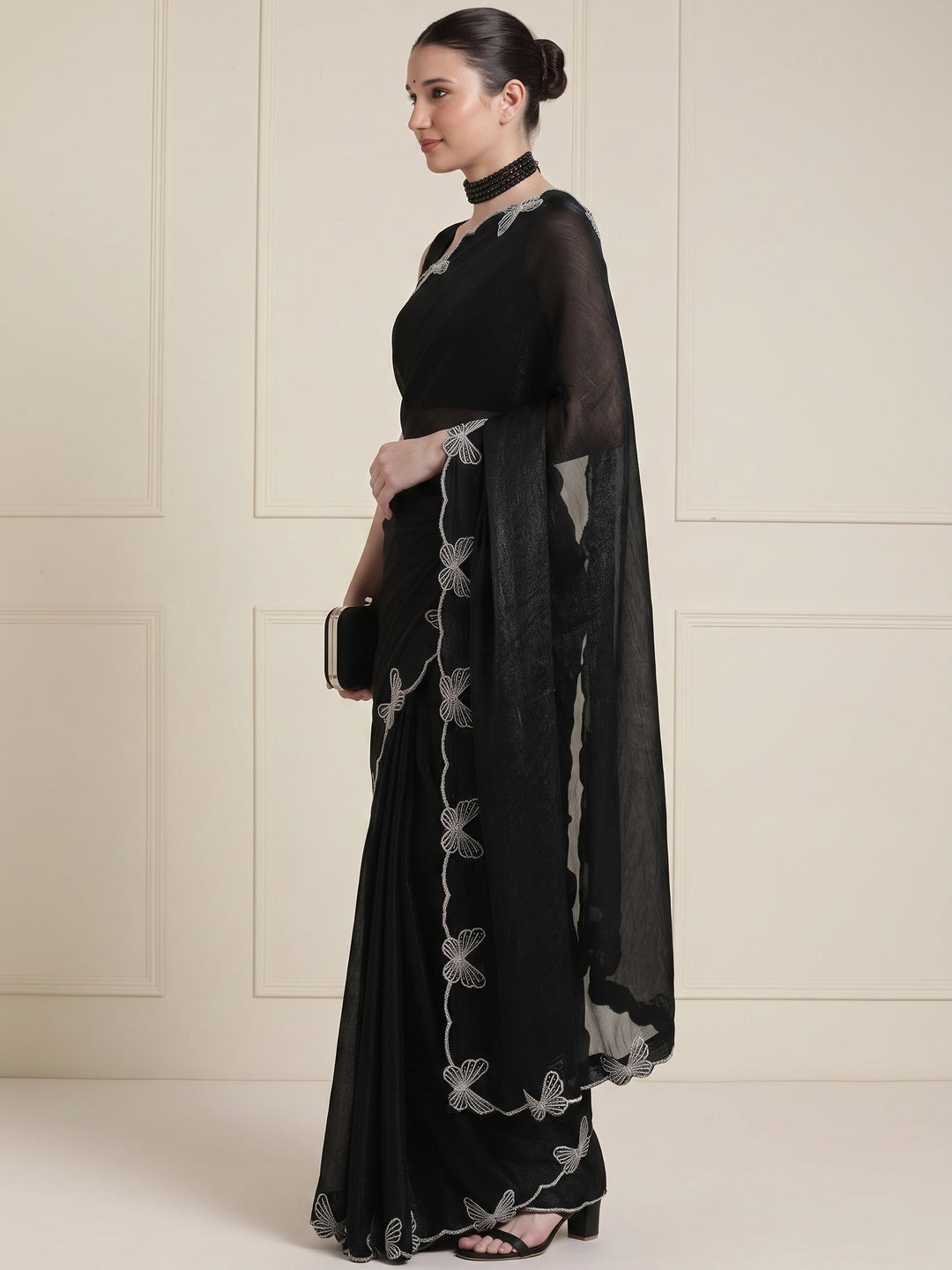 Elegant Black Satin Saree with Delicate Embellished Border - Image 7